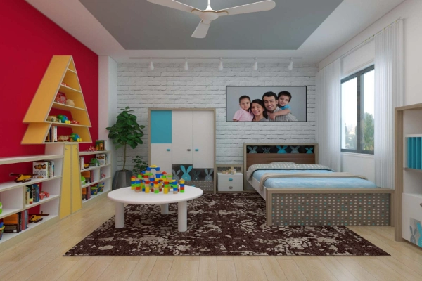 A multifunctional kids Bedroom with a play area